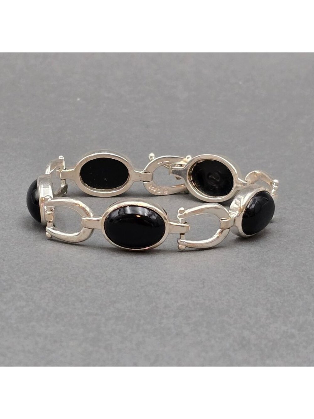 Vintage Sterling Silver Black Onyx Stirrup Bracelet 7.5" Modern Equestrian 30g